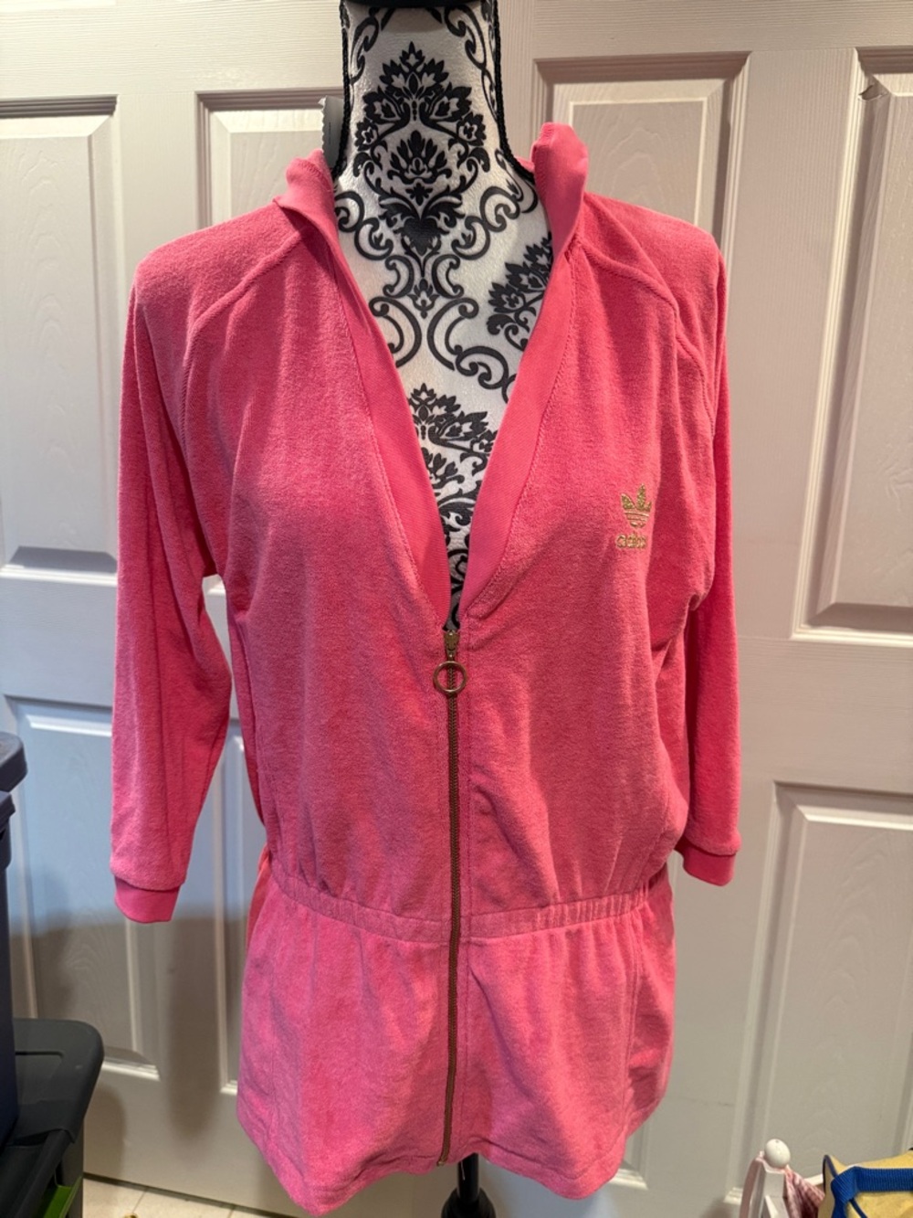 adidas Pink Terry Zip-Front Varsity Jacket